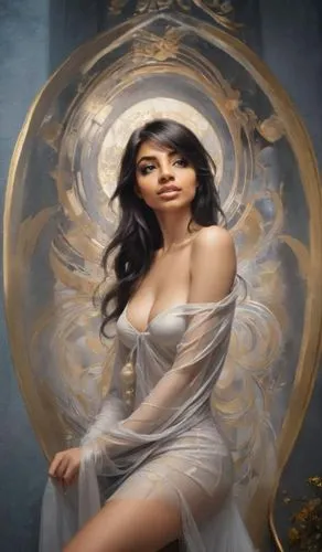 a painting of a young woman with very big  wearing a lacy dress,lumidee,sherine,crystal ball-photography,vesica,crystal ball,inanna