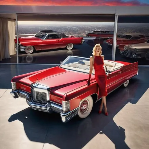 A stunning wide-angle bird's-eye view of a blonde supermodel in a 2024 dress outfit with transparent short gloves, laying confidently in the back of a shiny red Lincoln El Dorado cabriolet, her smile 