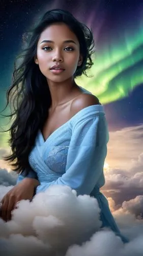 As the sky turns a deep shade of indigo, a stunning girl floats in a world of pure joy. She is alive with a lullaby of colors that twist and bound in the stormy sky. The cloud-covered aurora borealis 