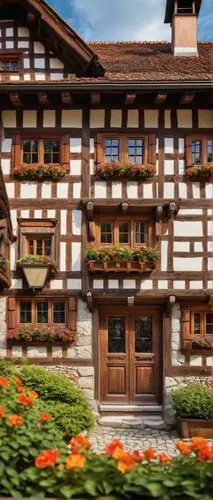 Traditional German house, half-timbered façade, rustic stone foundation, steeply pitched roof, red terracotta tiles, wooden shutters, flower-filled window boxes, intricate wood carvings, heavy wooden 