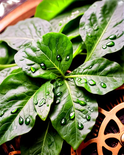 Fresh green spinach, leafy texture, curled edges, vibrant color, water droplets on leaves, soft natural light, 3/4 composition, shallow depth of field, warm color tone, cinematic lighting, solo, centr