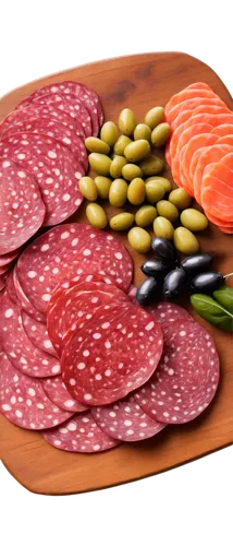 Sliced salami, thin layers, cured meat, red color, white fat, garnish with olives, artfully arranged, overhead shot, warm lighting, shallow depth of field, rustic wooden table, realistic texture.,char