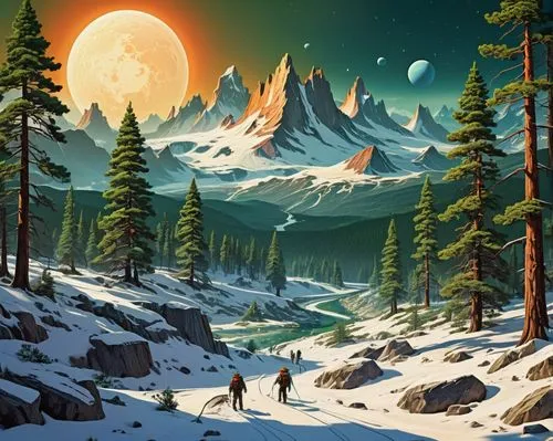 lunar landscape,snowy peaks,ice planet,snow landscape,snowy mountains,snow mountains,snow mountain,mountain scene,salt meadow landscape,snow scene,winter landscape,snowy landscape,moonscapes,extrasolar,sci fiction illustration,spruce forest,snowshoers,winter background,offworld,explorers,Conceptual Art,Sci-Fi,Sci-Fi 20