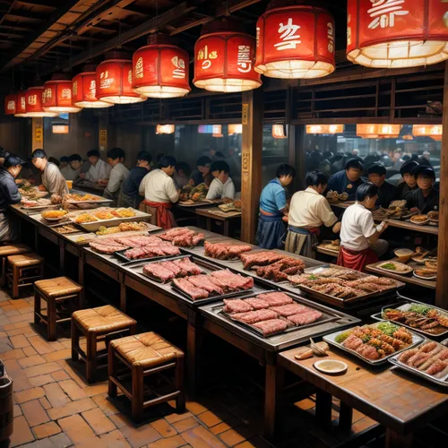 a bustling Korean-style grilled meat restaurant,spice market,hong kong cuisine,korean royal court cuisine,meat counter,butcher shop,fish market,yatai,korean cuisine,korean chinese cuisine,izakaya,okin