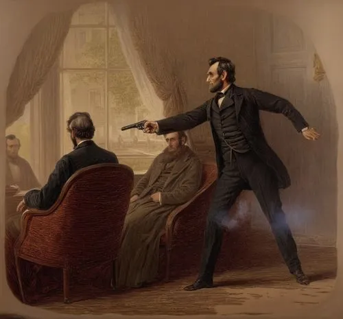 the scene of president lincoln being shot by the shooter in 1865,a painting of aham lincoln pointing at a group of people,mesmerism,abraham lincoln,lincoln,game illustration,dickinson,lincolns,Photogr