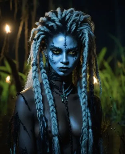 full body of a black voodoo witch, with dreadlocked hair half white and half black, performing a ritual in the swamps of New Orleans at night in the style of Tim Bradstreet,maliana,matangi,voodoo woma