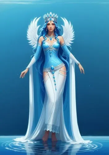 2D concept art, Achaemenid goddess Anahita, guardian of water, beautiful, long blue hair, long sleeve See-Through Achaemenid dress, silver crown, highly detailed, no background,a woman in blue and whi