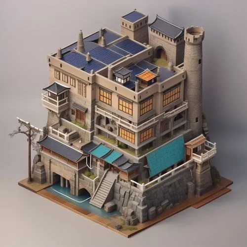 3d isometric, old house, underground, no background, solar panel, japan tradicional,isometric japan building,gunkanjima,micropolis,miniaturist,miniature house,model house,hashima,Unique,3D,Isometric