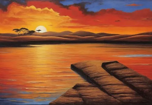 coastal landscape,beach landscape,coast sunset,boat landscape,sea landscape,seascape,painting technique,oil painting on canvas,landscape background,oil on canvas,evening lake,an island far away landscape,oil painting,wooden pier,khokhloma painting,river landscape,art painting,orange sky,landscape with sea,colored pencil background,Illustration,Realistic Fantasy,Realistic Fantasy 21