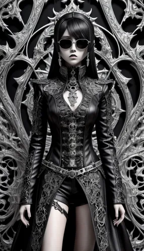 Emo goth girl wearing sunglasses,AddXL Black and white, intricate details, a woman with an intricate design, 3DCGI anime fantasy artwork, necro, detailed patterned skin, abstract fragments, impressive