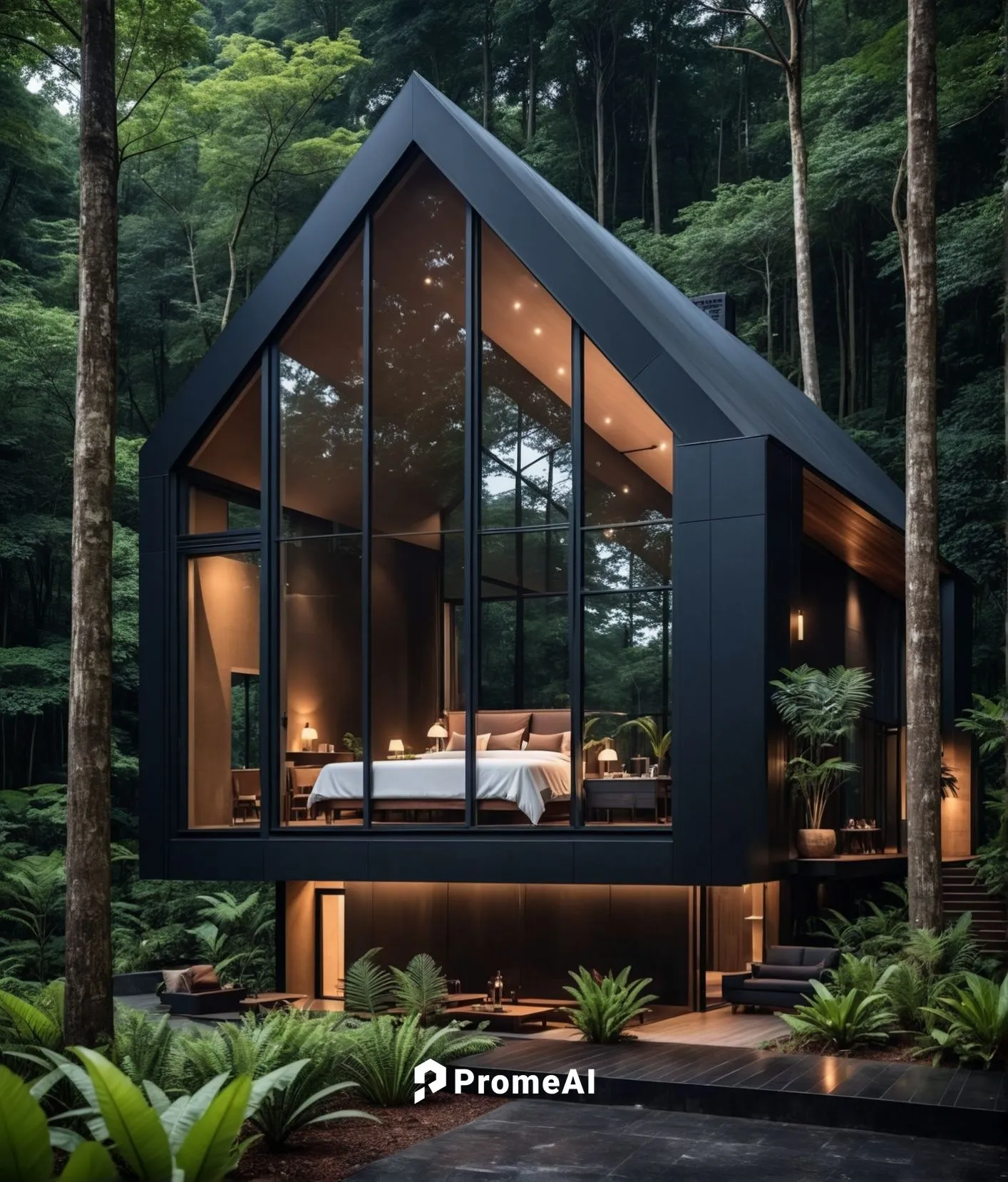 Black villa with huge floor to ceiling glass window elevation. The setting is tropical forest,a modern cabin with a pitched roof is situated in the woods,cubic house,forest house,house in the forest,c