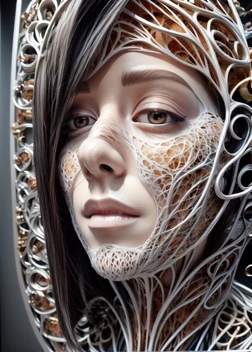 biomechanical,cybernetics,artificial hair integrations,fractal design,fractals art,humanoid,image manipulation,virtual identity,bjork,cyborg,facets,sci fiction illustration,complexity,fractalius,filigree,cyberspace,computer art,veil,tangle,digiart