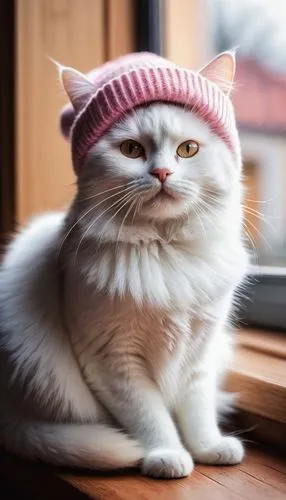 Adorable cat, wearing beanie, fluffy white fur, pink nose, whiskers, cute facial expression, sitting on a windowsill, morning sunlight, warm lighting, soft focus, cozy atmosphere, wooden floor, minima