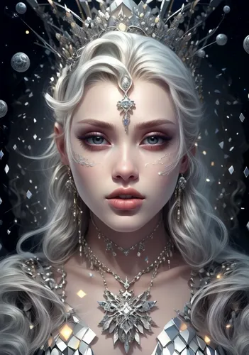 the snow queen,white rose snow queen,ice queen,ice princess,eternal snow,fantasy portrait,suit of the snow maiden,priestess,fantasy art,elven,queen of the night,white snowflake,crystalline,fantasy woman,elsa,ice crystal,zodiac sign libra,star mother,silvery,fairy queen