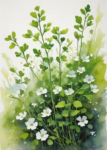 Write a descriptive paragraph about the vibrant green leaves and delicate white flowers of garden cress.,snowdrop anemones,flower painting,genus anemone,rockcress,stitchwort,garden cress,watercress,li