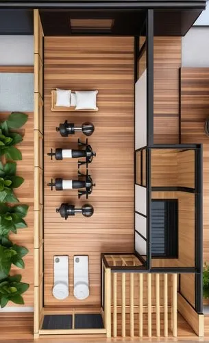 gym plan with wooden floor and gym equipment and a light wooden sauna facing a window with a black metal pergola. Elegant green plants at the right with a window,japanese-style room,japanese architect