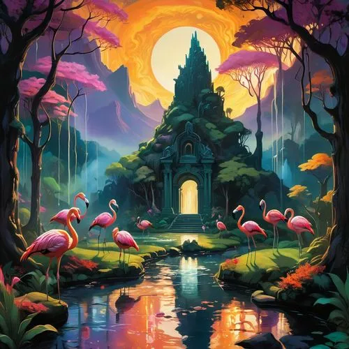 majora,fantasy landscape,wishing well,mushroom landscape,fairy village,lagoon,Conceptual Art,Oil color,Oil Color 04