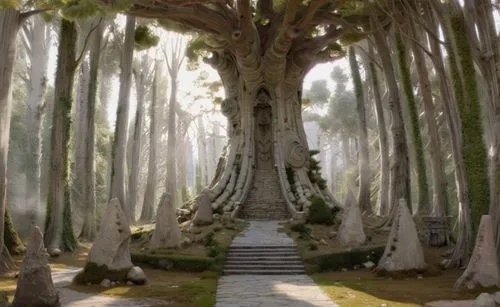 camino  de ojas secas en el bosque bordeado de piedras conicas con inscripciones a los lados del camino y un gran arbol al final del camino con una escalera que lleva a una gran puerta para entrar al 