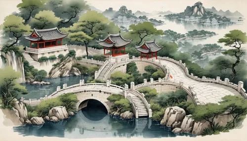 chinese art,chinese architecture,dragon bridge,oriental painting,summer palace,wuyi,guizhou,forbidden palace,chinese temple,yunnan,huashan,asian architecture,zhangjiajie,chinese background,guilinggao,suzhou,yangqin,huangshan maofeng,water palace,hwachae,Illustration,Paper based,Paper Based 30