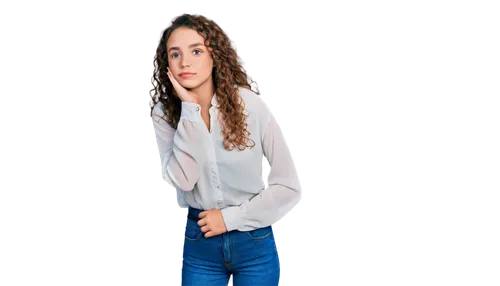 Thoughtful woman, solo, (20yo), beautiful detailed eyes, light blush, curly brown hair, natural makeup, white blouse, blue jeans, sneakers, hands on chin, leaning forward, contemplative, shallow depth