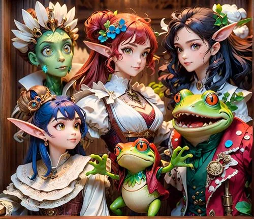 group photo of 5 adventurers, 3 ladies, a wooden-automaton, and a frog-humanoid with a little-monster
,the four elves are posed for a po,kawaii frogs,frog background,frog gathering,group photo,fairyta