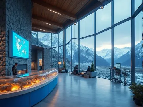 Visitor center, modern architecture, large glass windows, wooden beams, stone walls, glacier-inspired interior design, ice blue color scheme, frosty ambient lighting, sleek lines, minimalist decor, in