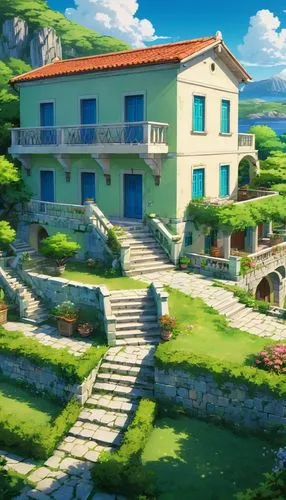 A arge two-story greek house building in a peaceful green landscape .,meteora,machico,home landscape,ancient house,zagaria,terraces,ghibli,mura,studio ghibli,tramuntana,house in mountains,yoshikuni,ap