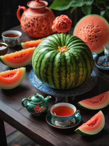 Picture a vibrant tea ceremony with a melon as a centerpiece, celebrating the beauty of nature.,watermelon pattern,tea still life with melon,watermelon painting,watermelon background,muskmelon,waterme