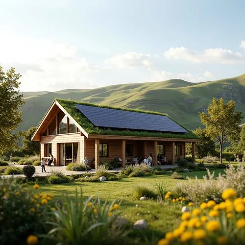 ecovillages,solarcity,passivhaus,ecovillage,ecoterra,solar photovoltaic,3d rendering,solar panels,solar power plant,the cabin in the mountains,solar farm,electrohome,render,solar cell base,solar energy,house in the mountains,organic farm,greenhut,solar batteries,grass roof