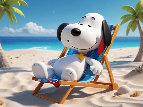 snoopy,deckchair,beach chair,beach dog,summer holidays,sunlounger,summer feeling,sun-bathing,deck chair,summer background,relaxing,jack russel,vacation,summer day,beach background,beach furniture,cute cartoon image,lounger,beached,summer season,Unique,3D,3D Character