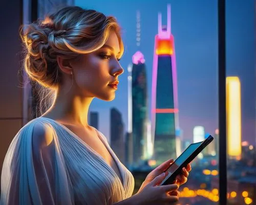 woman holding a smartphone,blonde woman reading a newspaper,lumia,city ​​portrait,girl at the computer,connected world,women in technology,world digital painting,cellular phone,on the phone,mobile phone,telecommunications,cybertrader,ukrtelecom,girl making selfie,viewphone,telecom,cityscape,romantic portrait,girl in a long,Illustration,Retro,Retro 03