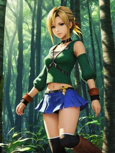 A beautiful girl, 
RIKKU
 from FINAL FANTASY X, feminine body, crop sweater, midriff, mini-skirt, boots, in forest,an anime woman standing in a forest in blue skirts,sonika,saria,background ivy,oot,ze