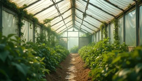 Greenhouse, polyethylene material, transparent roofing, corrugated structure, natural light, warm interior, lush greenery, tropical plants, vines crawling up walls, automatic irrigation system, modern