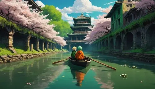 water lotus,sakura background,world digital painting,japanese sakura background,dragon boat,BakuDeku,Conceptual Art,Fantasy,Fantasy 14