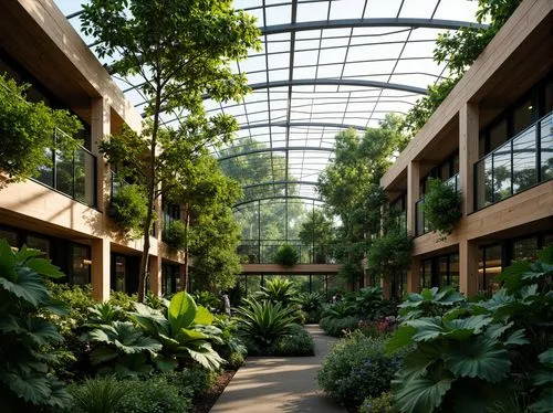 Lush greenery, exotic plants, natural light, curved glass roofs, steel frames, wooden beams, modern minimalism, industrial chic, exposed ductwork, reclaimed wood accents, living walls, hydroponic syst