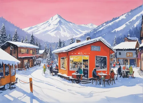 winter village,alpine restaurant,christmas town,snow scene,christmas landscape,christmas market,alpine village,whistler,ski station,ski resort,ortler winter,mountain hut,christmas village,christmas scene,mountain huts,christmas travel trailer,winter service,ice cream shop,ice cream stand,food hut,Conceptual Art,Graffiti Art,Graffiti Art 10