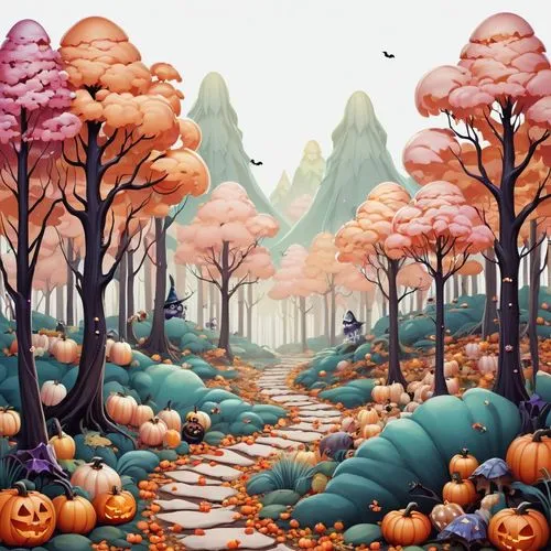 cartoon video game background,cartoon forest,halloween background,autumn forest,autumn background,halloween border,Illustration,Abstract Fantasy,Abstract Fantasy 11