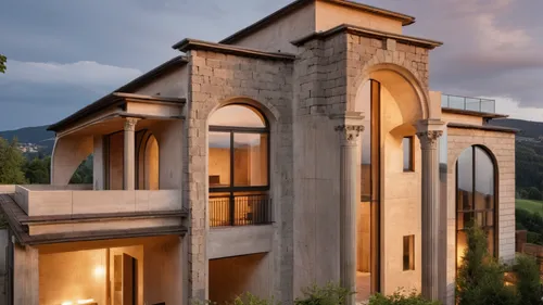 Modern Villa, at dusk,luxury home,stucco wall,gold stucco frame,stucco frame,luxury property,luxury real estate,beautiful home,house in the mountains,modern house,modern architecture,architectural sty