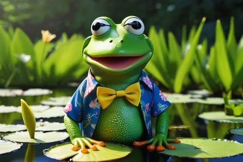 Green anime Kermie, the Frog, solo, (10yo), big rounded eyes, bright green skin, yellow belly, webbed feet, holding a microphone, wearing a blue Hawaiian shirt, white pants, standing on a lily pad, in