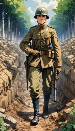 An illustration of an American soldier in 1914-1918 in a trench in France, wearing his military dress and rifle in hand, looking ahead and seeing German soldiers coming towards him.,first world war,se