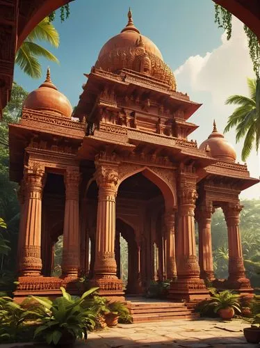 Ancient Indian temple, intricate carvings, ornate pillars, towering spires, golden domes, red sandstone walls, ornamental archways, detailed sculptures of gods and goddesses, lush greenery surrounding