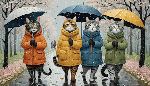 rain cats and dogs,walking in the rain,rainy day,umbrellas,cat lovers,four seasons,in the rain,rain stoppers,brolly,raincoat,whimsical animals,cat family,fox in the rain,raining,rainy season,rain protection,rainy weather,felines,protection from rain,raindrops,Illustration,American Style,American Style 03