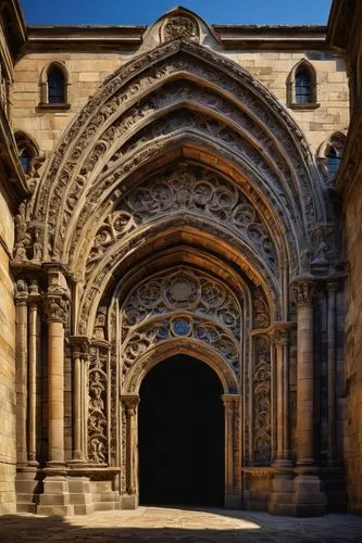 Ancient arch, grandiose building, ornate details, stone carvings, Gothic style, stained glass windows, majestic entrance, symmetrical composition, dramatic lighting, afternoon sunbeams, atmospheric pe