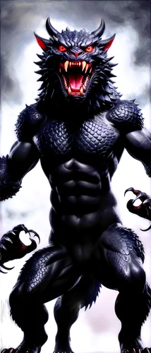 Black, giant, muscular monster, sharp teeth, glowing red eyes, black scales, thick arms, claws, powerful roar, dark atmosphere, misty background, low-key lighting, dramatic composition, cinematic mood