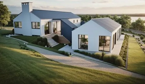 house in the wood, style modern farmhouse, white walls, porch in the entry, grouncover with grass, ,two white houses are sitting in a grassy area,ballymaloe,balmerino,inverted cottage,dunes house,king