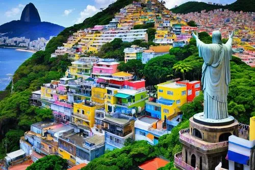 Rio's iconic landscape, Sugarloaf Mountain, majestic Christ the Redeemer statue, stunning beaches, tropical palm trees, vibrant green hills, colorful favela houses, winding stone stairs, exotic flower