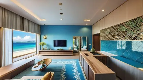 This photo shows the living room of a hotel suite in Puli, Taiwan.
The design incorporates elements of summer, the seaside and Bali, with a modern twist of blues and greens.
The suites feature stylish