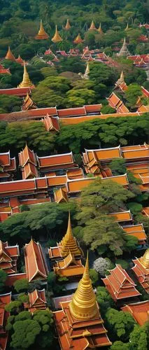 Bangkok, Thai-style architecture, ornate temples, intricate carvings, vibrant colors, golden stupas, pointed roofs, curved finials, ornamental eaves, Buddhist motifs, lotus flowers, mythical creatures