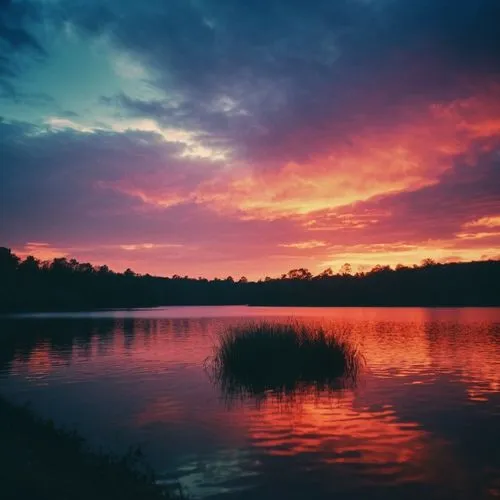 there is a beautiful sunset with a lake and trees in the background, colorful skies, surreal colors, colorful sunset, colorful sky, marvellous reflection of the sky, stunning sky, dream like atmospher