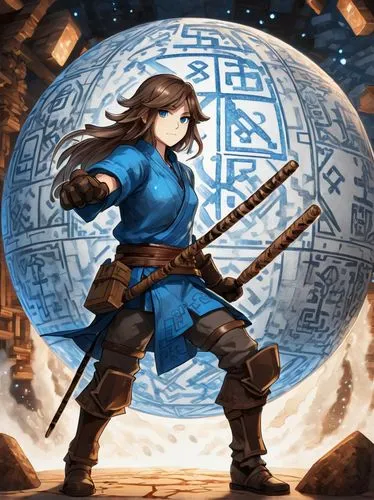 Minecraft, spherical creator, majestic pose, glowing blue eyes, messy brown hair, worn leather gloves, intricate wooden staff, mystical aura, elaborate ancient runes etched on the sphere's surface, de